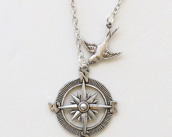 Necklace,Silver Necklace,Silver Compass Bird Necklace Steampunk Jewelry Necklace,Jewelry Gift