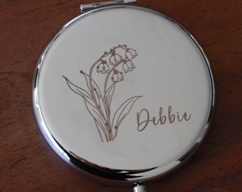 Custom Engraved Compact Mirror, Best Friend Christmas Gifts, Personalized Gifts for Women, Pocket Watch, Coworker Gift,  Birth Flower Mirror