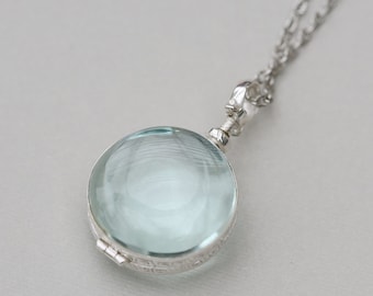 Glass Round  Locket Necklace,Silver Plated Glass Locket,Glass Photo Locket,Jewelry Gift,