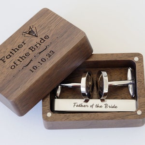 Custom Cufflinks, Tie Clip & Rectangle Gift Box - Wedding Day Cuff links Groom Dad Groomsmen, Wood Anniversary Gift for Husband from Wife