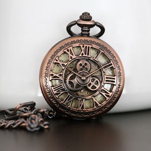 Copper Personalized Mens Pocket Watch,Mechanical Pocket Watch,Steampunk Pocket Watch,Pocket Watch Chain,Groom Gift,Groomsmen Gift