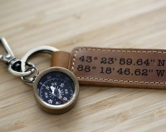 Keychain, Engraved Keychain, Personalized Leather Compass Keychain, Custom  Keychain, coordinates keychain longitude latitude keychain