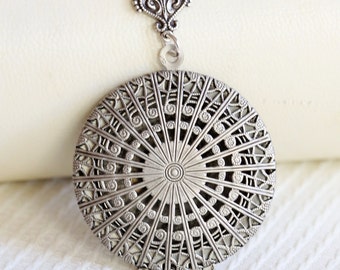 Large Round Locket Necklace, Silver Locket, Silver Filigree Round Locke, Floral Locket Jewelry,Pendant,Flower Locket,vintage style,Wedding