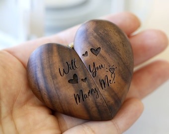 Custom Engraved Wood Heart Ring Box,Proposal Heart Ring Box,Walnut Heart Ring ,Wedding Engagement Ring BoxBox,Will you marry me