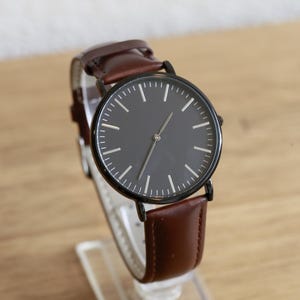 Custom Engraved Watch: Minimalist Black Face, Brown Leather Band