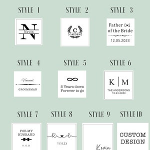 May include: Ten different designs for wooden boxes. The designs include names, dates, and phrases like "Father of the Bride" and "5 Years Down Forever to Go".