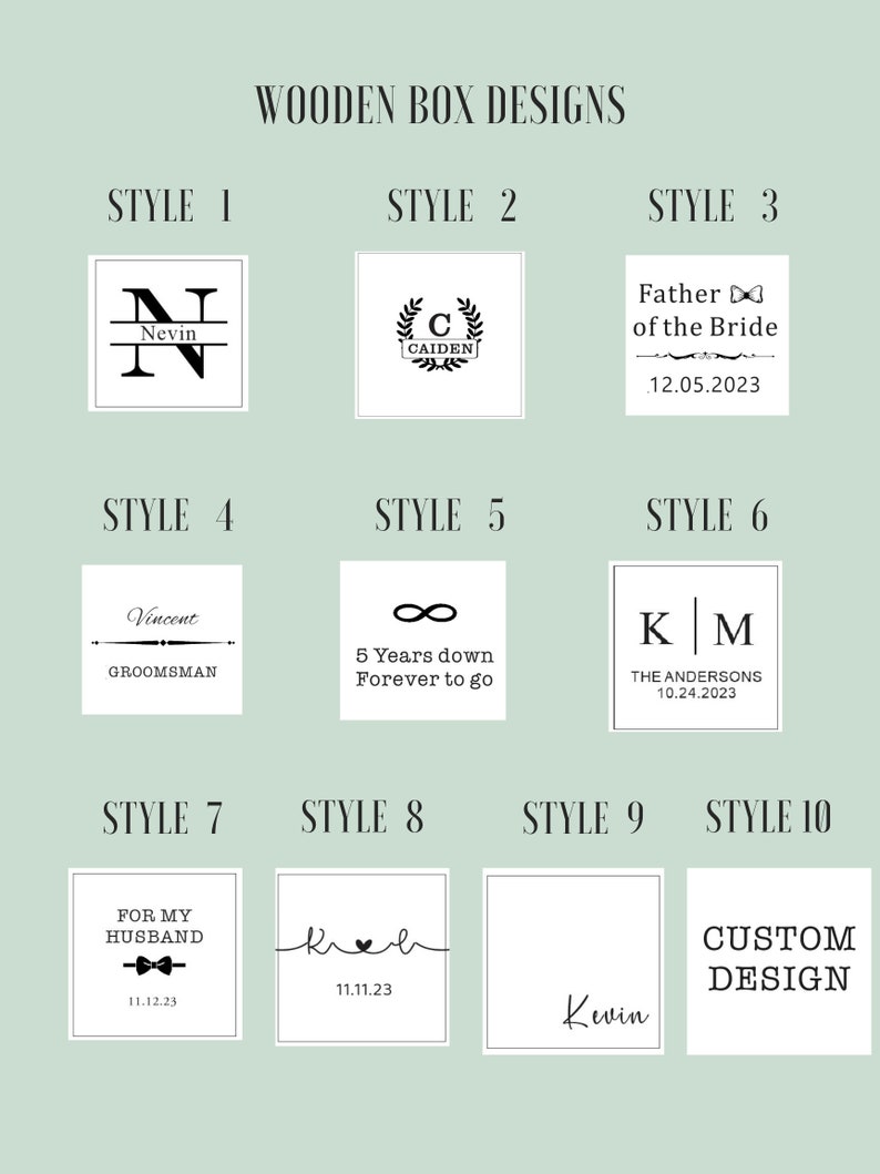 May include: Ten different designs for wooden boxes. The designs include names, dates, and phrases like "Father of the Bride" and "5 Years Down Forever to Go".