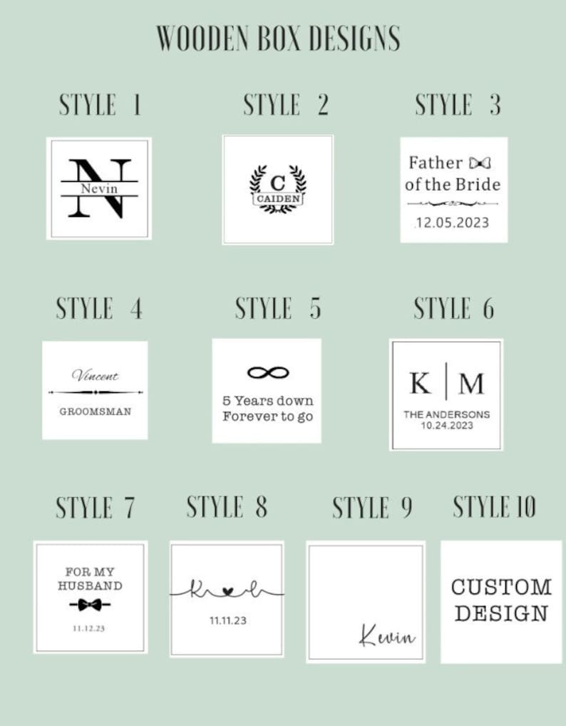May include: Ten different styles of wooden box designs. Each box has a different design, including initials, dates, and text. The designs are for a variety of occasions, such as weddings, anniversaries, and birthdays.