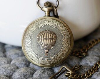 Brass Hot Air Balloon Pocket Watch, Quartz Pocket Watch, Steampunk Pocket Watch, Pocket Watch Chain, Groom Gift, Groomsmen Gift,