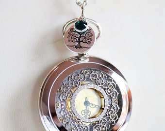 Pocket Watch Necklace With Tree of Life Charm ,Birthstone,jewelry gift,Locket,Necklace,Wedding