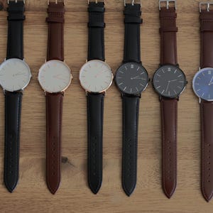 Custom Minimalist Black Face Brown Leather Watch for Men Watch Gift for Husband, Personalized Metal Watch, Engraved Gift, Christmas Gift