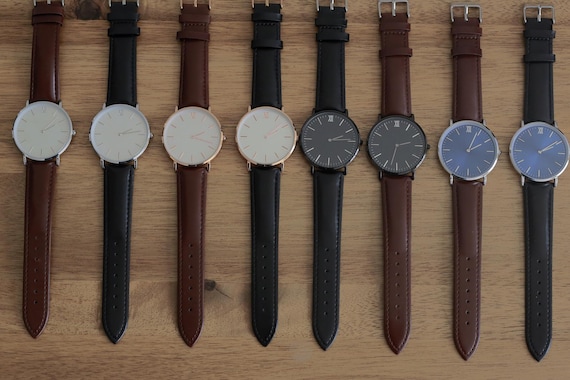 Custom Minimalist Black Face Brown Leather Watch for Men Watch Gift for Husband, Personalized Metal Watch, Engraved Gift, Christmas Gift