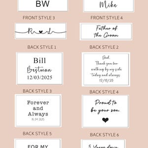 May include: A graphic showing different engraving options for a leather cufflink pouch. The options include names, dates, and messages like "Father of the Groom", "Forever and Always", and "Proud to be your son."