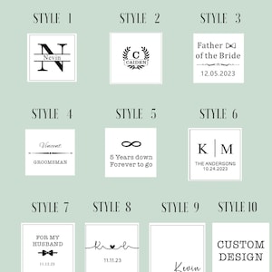 May include: Ten different designs for wooden boxes. The designs include names, dates, and phrases like "Father of the Bride" and "5 Years Down Forever to Go".