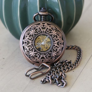 Copper Personalized Mens Pocket Watch,Mechanical Pocket Watch,Steampunk Pocket Watch,Pocket Watch Chain,Groom Gift,Groomsmen Gift