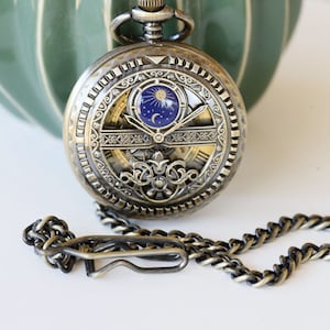 Personalized Sun & Moon Brass Pocket Watch Personalized for Groom, Groomsmen,Custom Engraved Pocket Watch,Mechanical  Watch