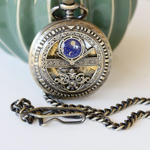 Personalized Sun & Moon Brass Pocket Watch Personalized for Groom, Groomsmen,Custom Engraved Pocket Watch,Mechanical  Watch