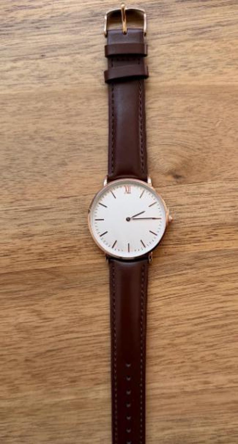 Custom Minimalist Black Face Brown Leather Watch for Men Watch Gift for Husband, Personalized Metal Watch, Engraved Gift, Christmas Gift Brown+ RoseGold Case