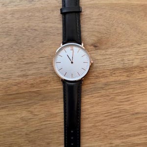 Custom Minimalist Black Face Brown Leather Watch for Men Watch Gift for Husband, Personalized Metal Watch, Engraved Gift, Christmas Gift Black+RoseGold Case