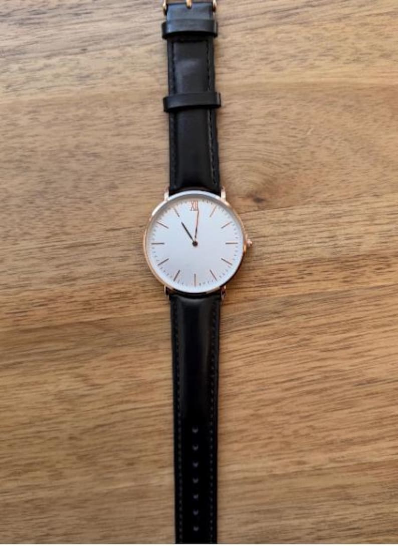 Custom Minimalist Black Face Brown Leather Watch for Men Watch Gift for Husband, Personalized Metal Watch, Engraved Gift, Christmas Gift Black+RoseGold Case
