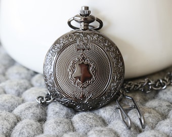 Personalisierte Herren Taschenuhr,Schwarz Quarz Taschenuhr,Steampunk Taschenuhr,Taschenuhr Kette,Bräutigam Geschenk,Trauzeugen Geschenk