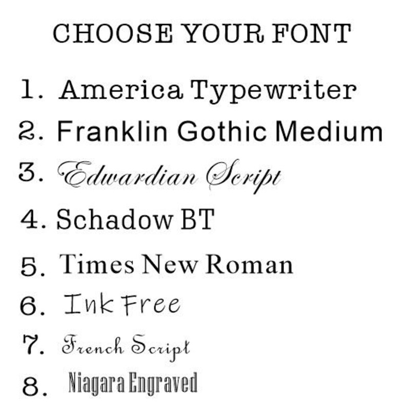 Puede incluir: Una lista de ocho estilos de fuente diferentes para elegir para un proyecto de dise&ntilde;o. Los estilos de fuente incluyen America Typewriter, Franklin Gothic Medium, Edwardian Script, Schadow BT, Times New Roman, Ink Free, French Script y Niagara Engraved.