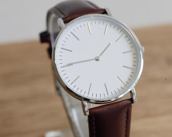 Personalized Watch for Men: Minimalist White Face, Brown Leather Strap