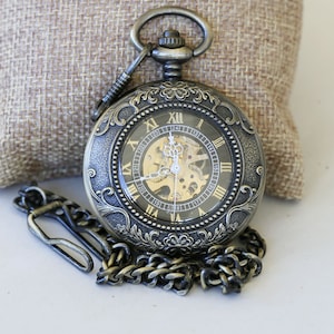 Personalized Brass Mechanical Pocket Watch: Engraved Steampunk Gift