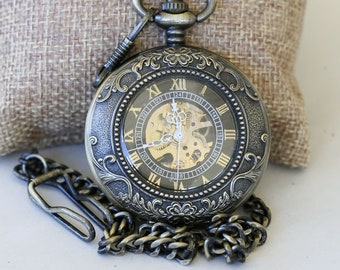 Personalized Brass Mechanical Pocket Watch: Engraved Steampunk Gift