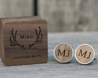 Personalized Cufflinks,Engraved Wood Cufflinks with Square Gift Box Set,Groom,Groomsman,Husband,Wedding Gifts,
