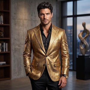 May include: A metallic gold blazer featuring a textured snakeskin pattern, notched lapels, and two front buttons. The garment is worn over a solid black button-down shirt, paired with black trousers and a gold-toned wristwatch on the left wrist.