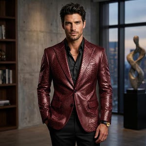 May include: A deep burgundy blazer featuring a textured snakeskin pattern, worn over a black button-down shirt. The blazer has a notched lapel, two front buttons, and two flap pockets. A gold-toned wristwatch is visible on the left wrist.