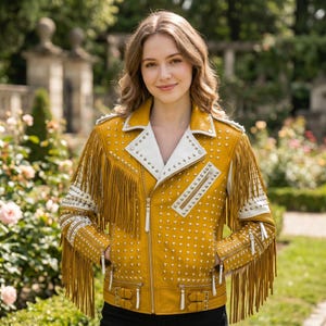 Women’s American Luxury Studded Leather Fringe Jacket - Two-Tone Moto Coat - Punk Rock Festival Wear