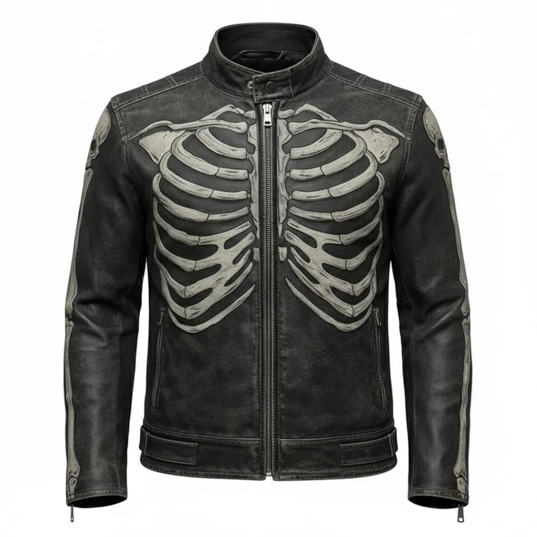 Handmade Skeleton Cowhide Leather Jacket: Punk Motorcycle Café