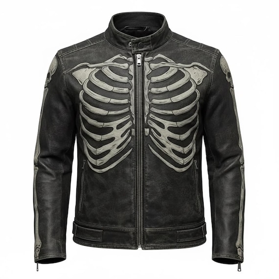 Handmade Skeleton Cowhide Leather Jacket: Punk Motorcycle Café