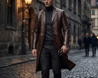 Gabardina larga de piel auténtica con relieve de cocodrilo para hombre – Abrigo de motorista de lujo