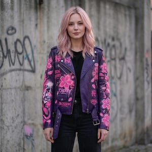 May include: A purple leather motorcycle jacket featuring pink cherry blossom graffiti art, silver zips, and a buckled waist belt. The jacket displays text including Neon Cherry, Cherry Blossom, and Urban, layered over a plain black shirt and jeans.