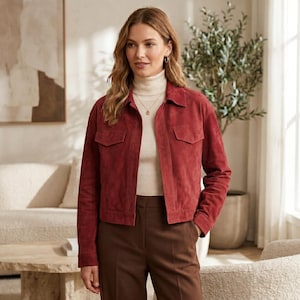 Chaqueta de ante para mujer - Chaqueta bomber de cuero estilo camionero corta, abrigo de primavera a la moda