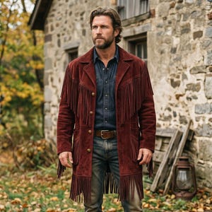 Chaqueta larga de gamuza con flecos para hombre, estilo vintage, abrigo nativo americano - Moda para exteriores
