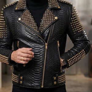 Herr Spiked Leather Jacket Python Snakeskin Biker Coat Nited Punk Rock Heavy Metal Gothic Statement Motorcykel Ytterkläder bild 3