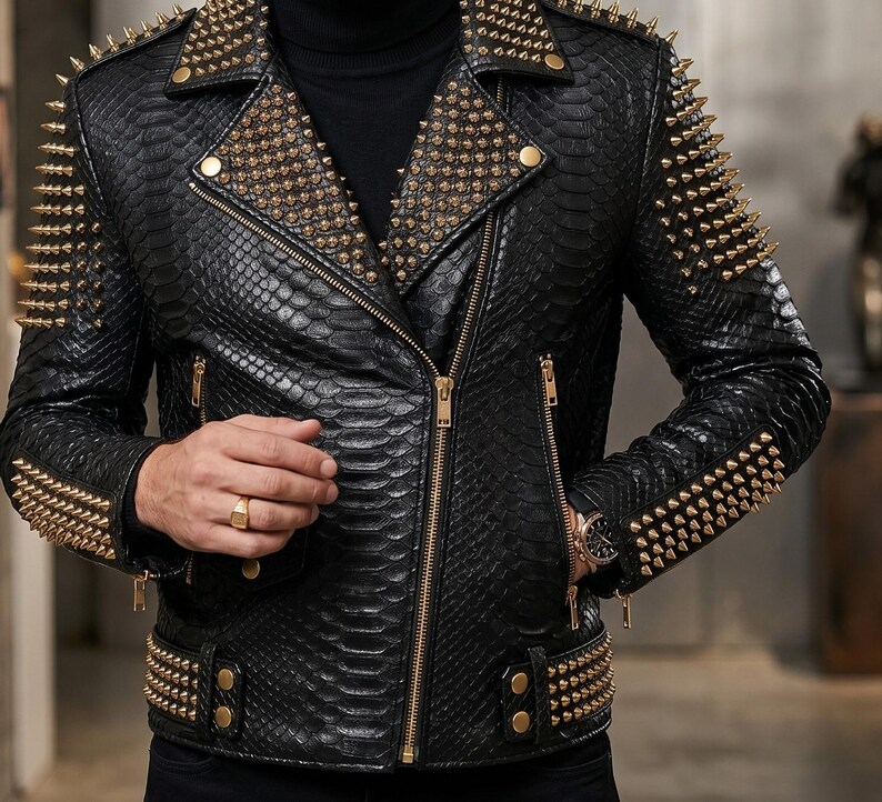 Herr Spiked Leather Jacket Python Snakeskin Biker Coat Nited Punk Rock Heavy Metal Gothic Statement Motorcykel Ytterkläder bild 3