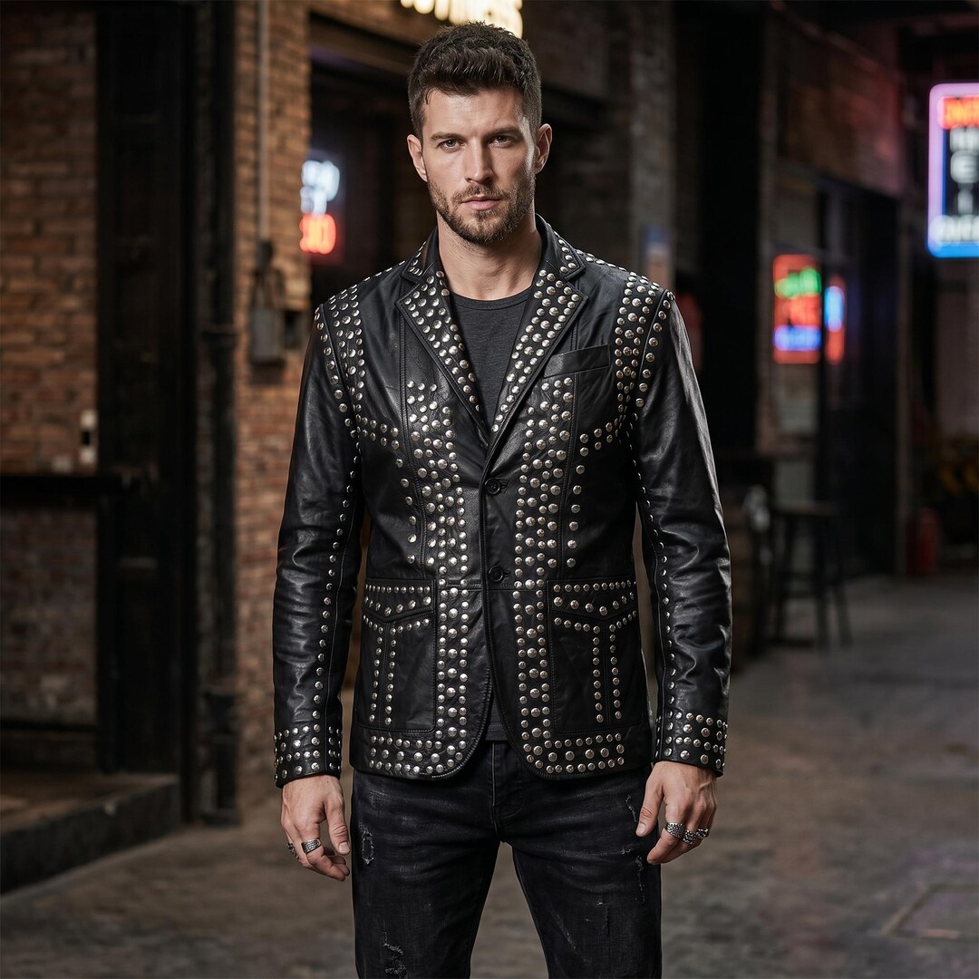 Rock Performance Jacket Men's Studded Leather Biker Jacket - Punk Rock Embellished Blazer ...