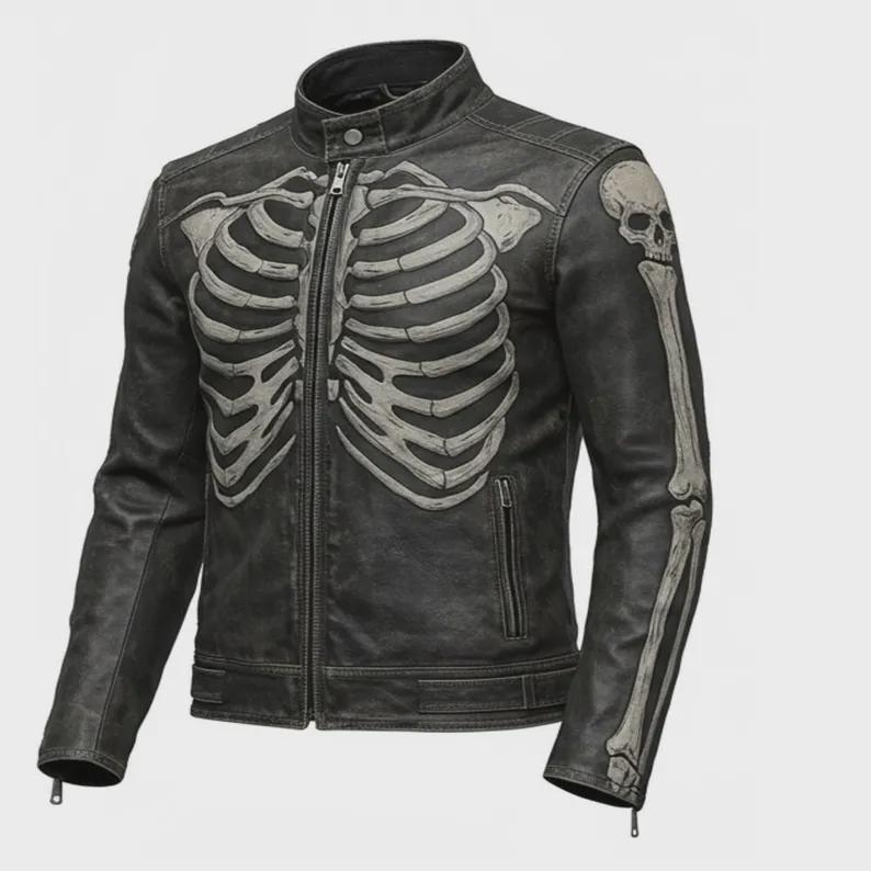 Handmade Skeleton Cowhide Leather Jacket: Punk Motorcycle Café