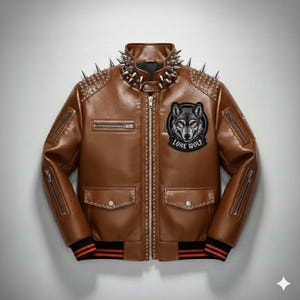 Könnte beinhalten: Braune Lederjacke mit silbernen Stacheln auf Schultern und Kragen. Mit einem "Lone Wolf"-Patch mit Wolfsgrafik. Enthält mehrere Taschen und einen Reißverschluss. Die Jacke hat schwarz-rot gestreifte Bündchen.