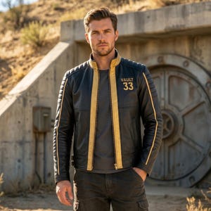 May include: A black leather jacket with gold vertical stripes along the front zipper and sleeves. The left chest features the gold text VAULT 33. The jacket has a stand-up collar, quilted shoulder detailing, and a full-length front zipper closure.