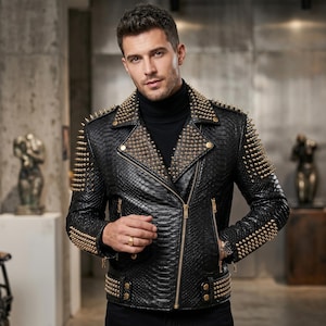 Men's Spiked Leather Jacket Python Snakeskin Biker Coat Studded Punk Rock Heavy Metal Gothic Statement Motorcycle Outerwear