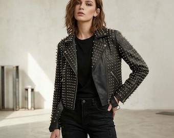 Women’s Punk Rock Black Studded Leather Jacket,  Edgy Street Style Rivet Coat, Gothic Festival Outfit
