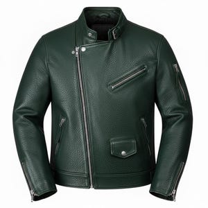 Chaqueta de moto verde oscuro para hombre - Chaqueta de motociclista de grano completo con efecto granulado - Cuero genuino Cafe Racer verde bosque