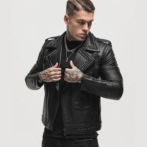 Schwarze Leder Bikerjacke für Herren mit Nieten | Adler-Schädel-Flicken-Motorrad-Punk-Rock-Jacke | Handgefertigte Gothic