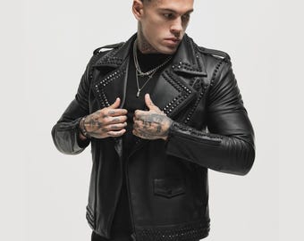 Men's Black Leather Biker Jacket with Golden Studs | Punk Rock Motorcycle Outerwear